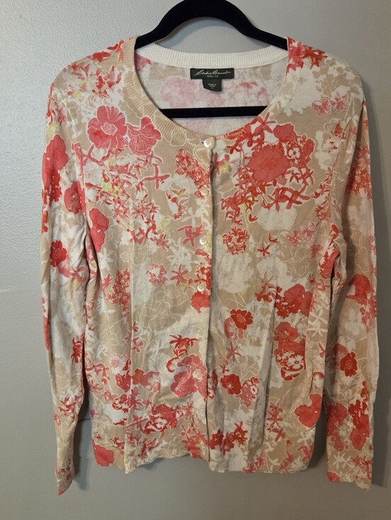 Eddie Bauer Sweaters - Eddie Bauer Women's Tan/Pink Floral Preppy Button-Up Cardigan Sweater Size XL